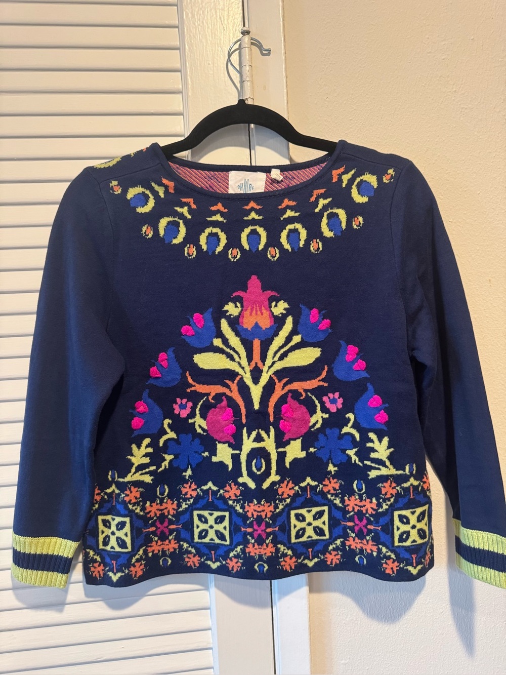 Anthropologie Navy Sweater with Multicolor Floral Embroidery
